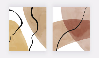 Boho nude and brown hand painting watercolor wall art prints with lines. Modern design backgrounds

