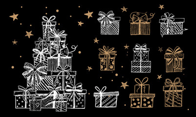 Doodle icons of gift box, Christmas set, Hand drawn elements.	
