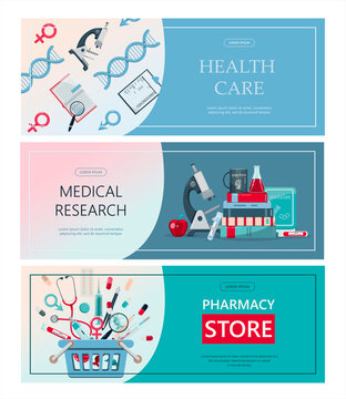 Vector medical banner. Pharmacy template for hospitals, advertising, pharmacies training. International health protection, insurance.Medicine and surgery.Vaccination, online health check up, medical