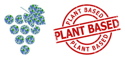 Red round stamp seal contains Plant Based caption inside circle. Vector grape bunch mosaic is composed from repeating itself grape bunch items. Textured Plant Based stamp seal,