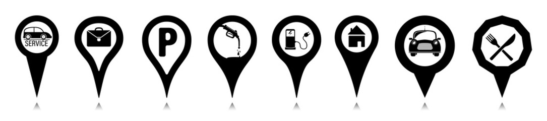 Pinpoint marker set design with car, fuel pump, briefcase, electric car charger, restaurant, house icon illustration. Global position system map marker graphic on white background.