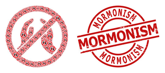 Red round stamp contains Mormonism tag inside circle. Vector forbid praying hands mosaic is made from scattered recursive forbid praying hands items. Grunge Mormonism badge,