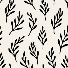 Vector seamless pattern. Floral stylish background. Monochrome floral theme. Contrast texture with smooth leaves.
