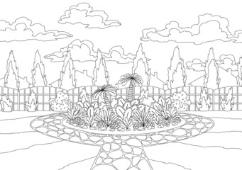 Obraz premium Coloring of backyard with flower bed and wooden fence hedge. Grass and park plants, trees and bushes. Garden design architecture sketch