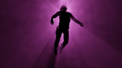 Person floating in fog , mist. Astral plane. Soldier floats in ethereal realm. Silhouette of man in Volumetric light rays.  Alien abduction , abductee . 3d render illustration