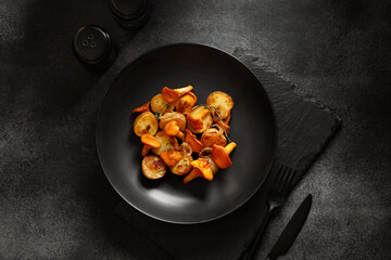 fried potatoes with chanterelles mushrooms on a black plate on a black background for dinner - obrazy, fototapety, plakaty