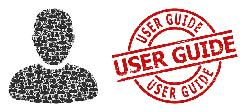 Red round seal has User Guide title inside circle. Vector user collage is organized of scattered recursive user elements. Textured User Guide stamp, and user icon recursive mosaic. Distress style.