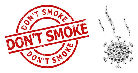 Red round seal includes Don'T Smoke text inside circle. Vector virus spray collage is created with scattered fractal virus spray parts. Scratched Don'T Smoke stamp,