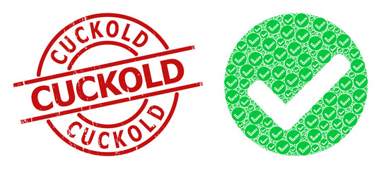 Red round badge contains Cuckold text inside circle. Vector yes mark mosaic is composed from scattered recursive yes mark icons. Textured Cuckold imprint, and yes mark icon fractal mosaic. - obrazy, fototapety, plakaty