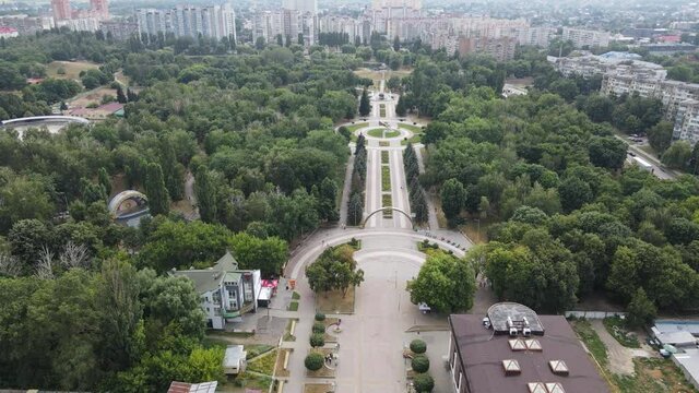 Aerial view from a drone on a park in the city of Brovary in summer