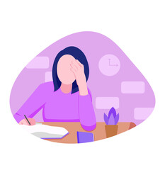 Illustration vector of an employee who is dizzy because the work is still a lot of piling up. flat design illustration