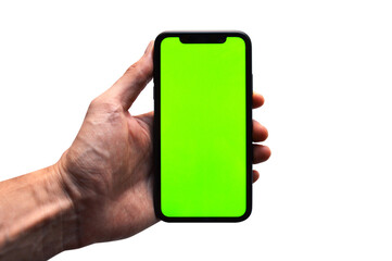 Photo of a hand holding a mobile device - iPhone template with green screen to add a customized image or text with chroma key - Smartphone blank screen to show an app, game or website on display