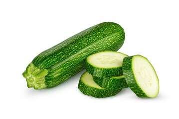 Fresh young zucchini with slices, isolated on white background