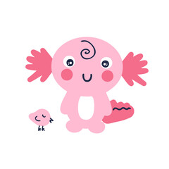 Hand drawn axolotl with small bird. Perfect for T-shirt, textile and prints. Cartoon style vector illustration for decor and design.
