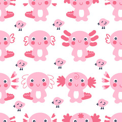 Hand drawn seamless pattern with axolotls and small birds. Perfect for T-shirt, textile and prints. Cartoon style vector illustration for decor and design.
