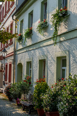Fototapeta na wymiar House fronts in Lichtenberg with flowers in the early evening