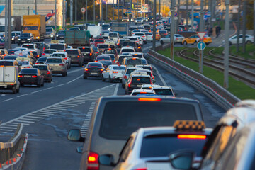 moscow tTraffic jam in Moscow. a lot of cars are in a jamraffic tragf. High quality photo