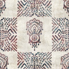Seamless grungy tribal ethnic tapestry rug motif pattern. High quality illustration. Distressed old looking native style design in faded colors. Old artisan textile seamless pattern.