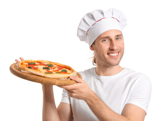 Handsome chef with tasty pizza on white background