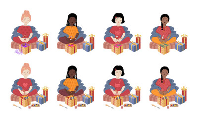 Young girls of different races sit in a lotus position with gifts. Girls open gifts with materials for creativity. Vector holiday stickers and patches with girls.