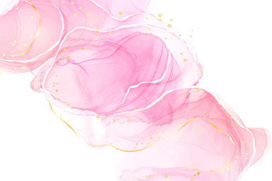 Pastel rose pink liquid watercolor background with golden cracks. Blush marble alcohol ink drawing effect. Vector illustration design template for wedding invitation, menu, rsvp