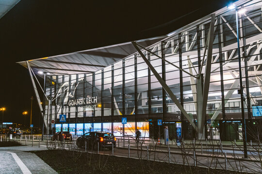Terminal of Gdansk airport GDN in Poland. Exterior view of The Gdansk Lech Walesa Airport. Gdansk Airport Terminal twilight. Gdansk, Poland, February 7, 2020