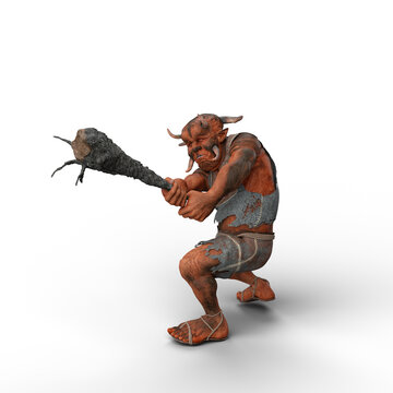 3D rendering of a fantasy Troll holding a large wooden club in both hands isolated on a white background.