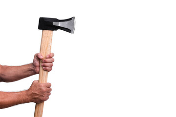 axe cleaver. hatchet in male hands on a white background. close-up. isolated