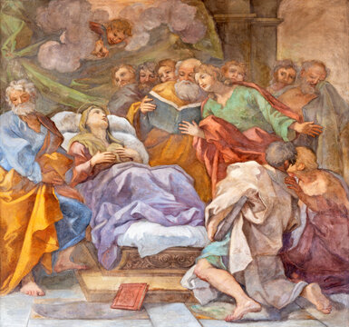 ROME, ITALY - SEPTEMBER 1, 2021: The fresco of Dormition of Virgin Mary in church Basilica di Santa Maria in Aracoeli by Giuseppe Passeri (1664 - 1714).