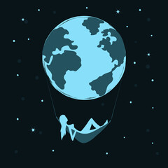 Naklejka premium The Earth and woman lying in hammock. Abstract poster. Earth day celebration. Citizen of the world concept.