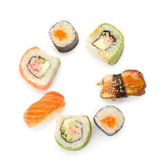 Frame made of different sushi and rolls on white background