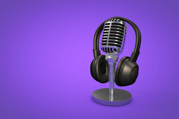 Professional microphone with color background, podcast or recording studio background, 3d illustration