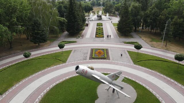 Aerial view from a drone on a park in the city of Brovary in summer
