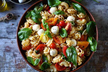 Pasta with mozzarella, basil and cherry tomatoes.