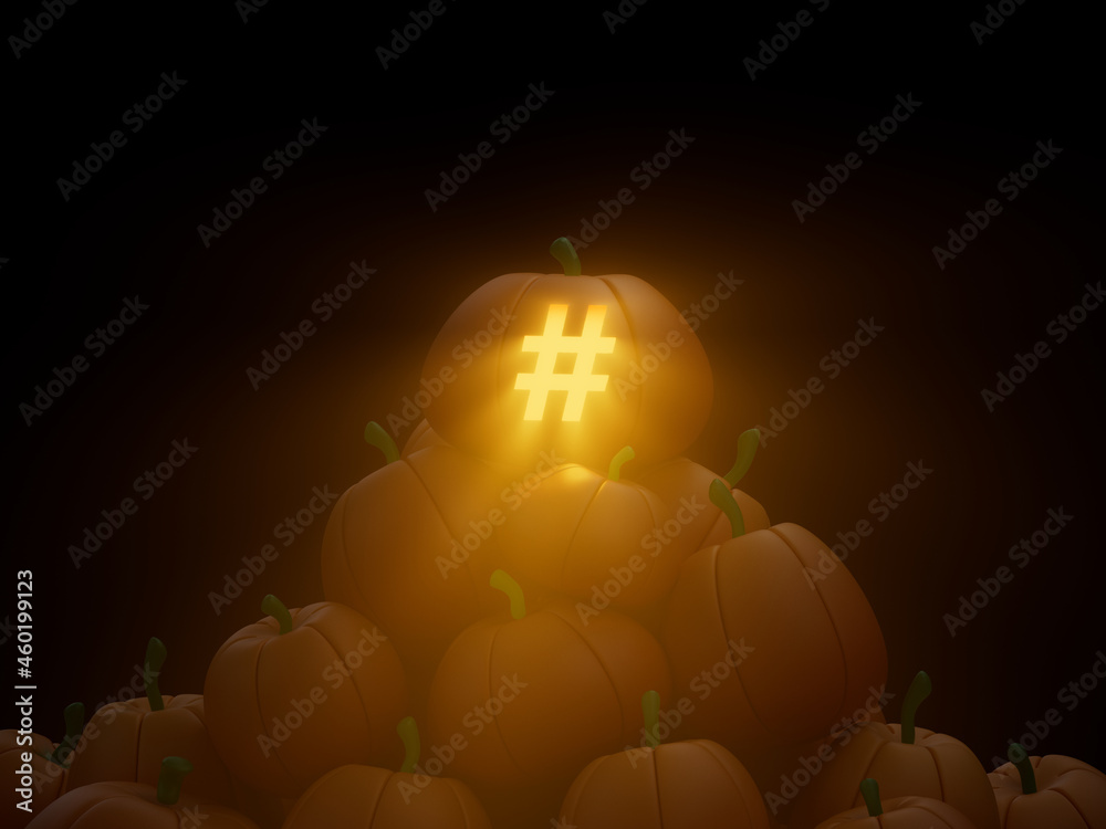 Sticker Orange shiny and creepy pumpkin with an # icon - Halloween background