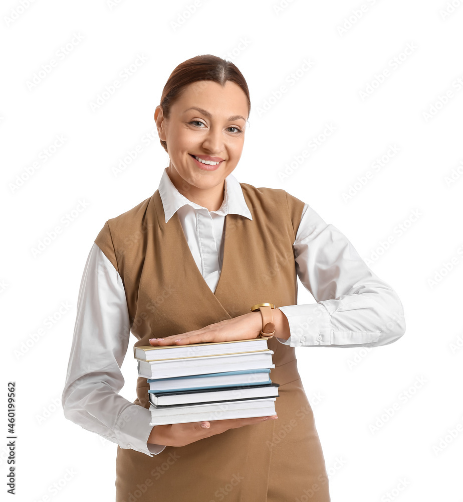 Sticker portrait of female teacher with books on white background