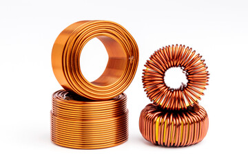 Copper wire coil isolated on white background.