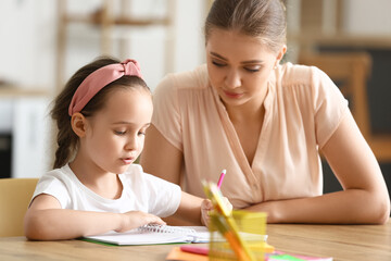 Little girl with her mother doing lessons at home