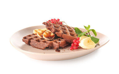 Plate of delicious Chocolate Belgian Waffles with fruits on white background