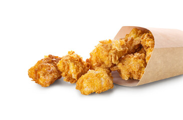 Paper box with fried popcorn chicken on white background