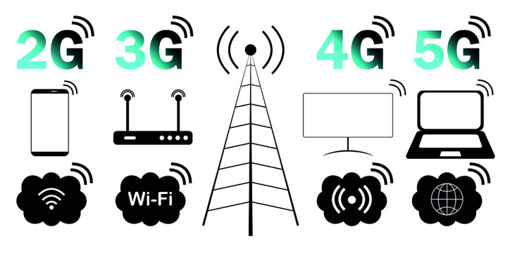 Wireless and Wifi icon set. 2G, 3G, 4G, 5G technology symbols, antenna, cell phone, notebook, satellite signal. Set of icons isolated on a white background.
