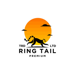 Premium black lemurs ring tail with sunset vector logo design isolated white background - obrazy, fototapety, plakaty