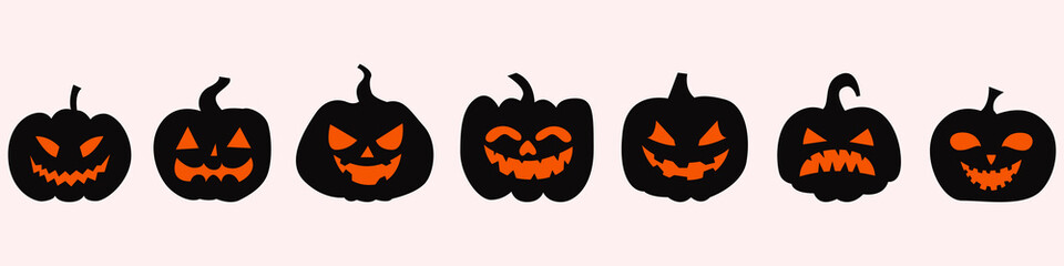 White wallpaper and black Halloween pumpkins pattern. Vector ribbon with pumpkins.