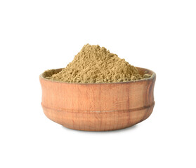 Bowl with hojicha powder on white background