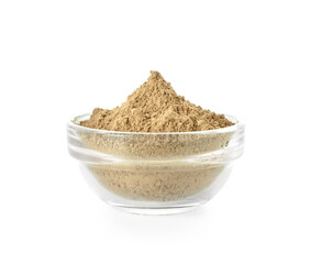 Bowl with hojicha powder on white background