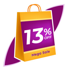 13 percent off. 3D Yellow shopping bag concept in white background.