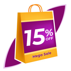 15 percent off. 3D Yellow shopping bag concept in white background.