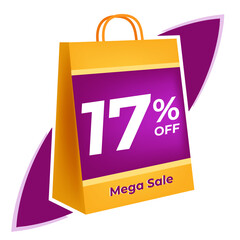 17 percent off. 3D Yellow shopping bag concept in white background.