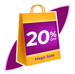 20 percent off. 3D Yellow shopping bag concept in white background.