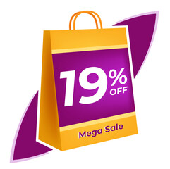 19 percent off. 3D Yellow shopping bag concept in white background.
